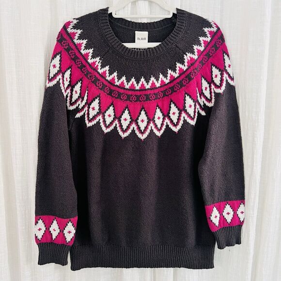 Blair Dark Gray & Pink Fair Isle Soft Cozy Knitted Winter Sweater -Womens Medium - Picture 1 of 7